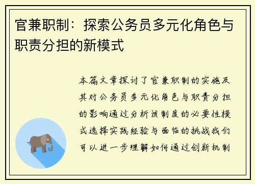 官兼职制：探索公务员多元化角色与职责分担的新模式