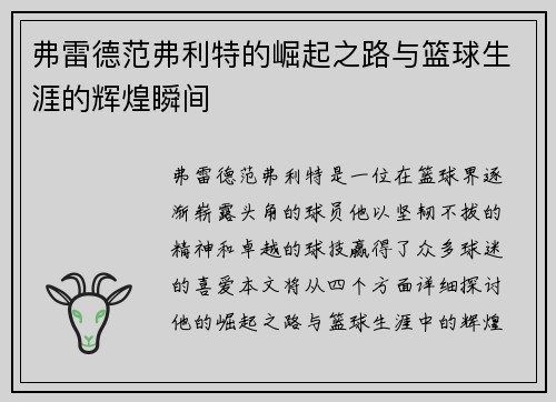 弗雷德范弗利特的崛起之路与篮球生涯的辉煌瞬间