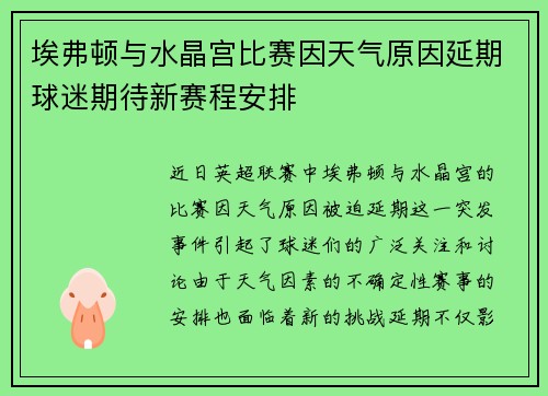 埃弗顿与水晶宫比赛因天气原因延期球迷期待新赛程安排