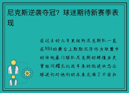 尼克斯逆袭夺冠？球迷期待新赛季表现