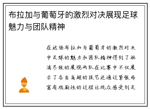 布拉加与葡萄牙的激烈对决展现足球魅力与团队精神